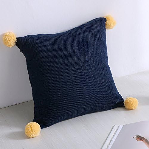Soft Warm Cotton Pillow Cover with Fuzzy Ball Cushion Cover Pillowcase Color Blocking 45x45cm
