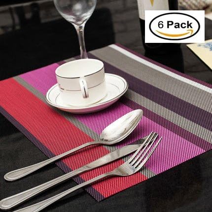 SFGHOUSE 6-Pack Striped Non Slip Heat Proof PVC Placemat Waterproof Dinning Table Mats Pad Coaster Protector 45*30cm