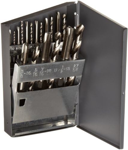 Chicago Latrobe 52581 GT18 High-Speed Steel Jobber Length Drill Bit and Spiral Point Tap Set with Metal Case, Uncoated (Bright) Finish, 18-piece, Wire Size, Letter, Inch, 6-32 to 1/2"-13 Tap Sizes