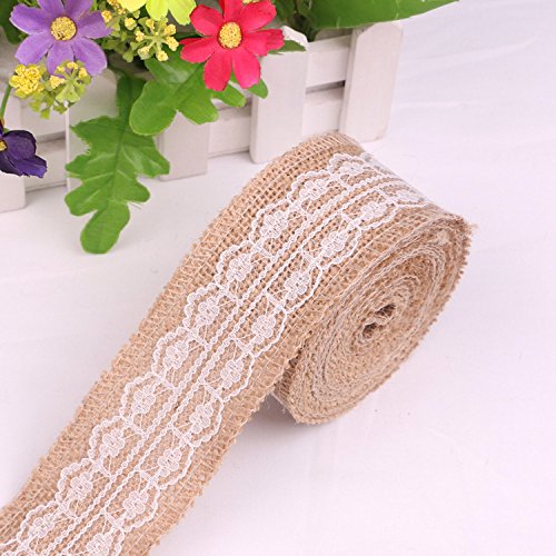 Yalulu 9 Stück 5cm * 2M Vintage Leinwand Hessische Jute Lace Band Handwerk Farbband mit Weisse Spitzen für DIY Handwerk Hochzeit Haus Dekor - 5