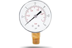 Plyisty 0-1 Bar, 0-15 PSI Pressure Gauge, 1/4" Mini Low Pressure Manometer for Fuel, Air, Oil or Water