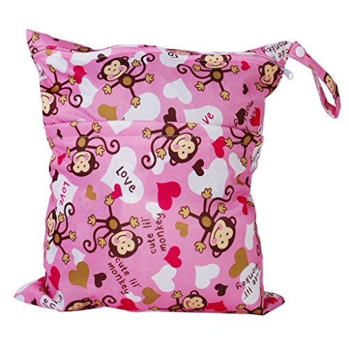 2-Zip Washable Baby Cloth Diaper Nappy Bag Monkey Heart Pink