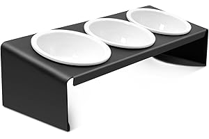 Lannvan Ciotola per Gatti e Cani Rialzate, Set Ceramica Inclinata di 15° con Supporto Metallo per Acqua - per Cani Piccoli e Gattini