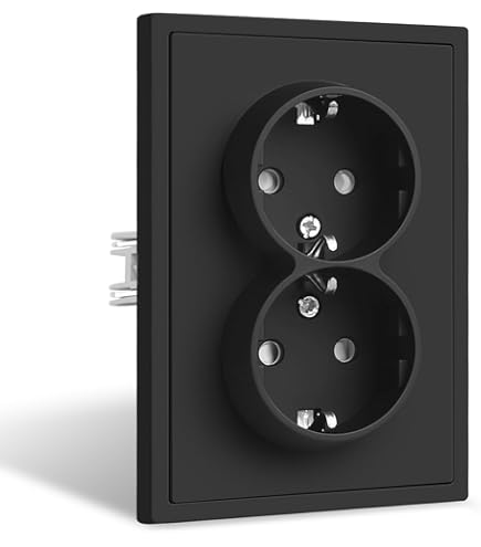 SIMON Schuko dubbel stopcontact, serie Simon 10, 250 V, 16 A, plat en dun wandstopcontact, eenvoudig te installeren, inclusief frame, deksel en mechanisme, vrouwelijk stopcontact, zwart