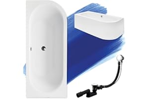 BAD LAND BADLAND Baignoire Originale D'angle 170 x 75 cm Gauche en Acrylique - Kit Complet Avec Tablier, Siphon, Design Moderne, Bonde Chromée, Pour 2 Personnes