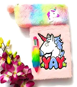 Tera13 Pack of 3 in 1 Feather Unicorn Diary, Pouch with Pen for Girls