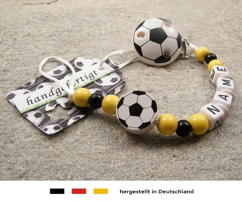 Baby SCHNULLERKETTE mit NAMEN | Motiv Fussball in Vereinsfarben – schwarz, gelb - 3