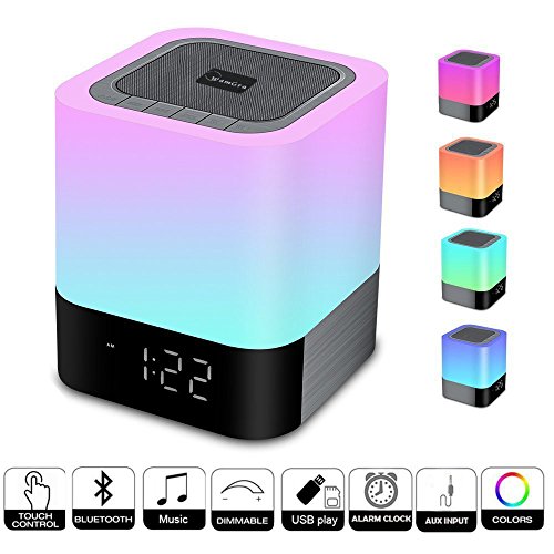 Control Toque Lámpara de Noche con Wireless Bluetooth Altavoz, Luz Nocturna LLuminación Infantil Portátil LED Inteligente Toca Sensor Multicolor, Reloj Despertador, Reproductor de MP3, Manos Libres