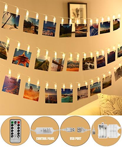 Led Photo Clip String Lights - Qoolivin 2017 5m 20 Warm White Picture Hanging Lights with Remote Control, USB Plug and Battery Box for Wall Decorative, Christmas, Bedroom, Dorm Room, Classroom, Pictures and Gallery