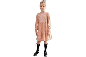 GRACE KARIN Vestido Niña de Manga Larga con Lentejuelas Vestido de Fiesta Elegante con Cuello Redondo Pliegues