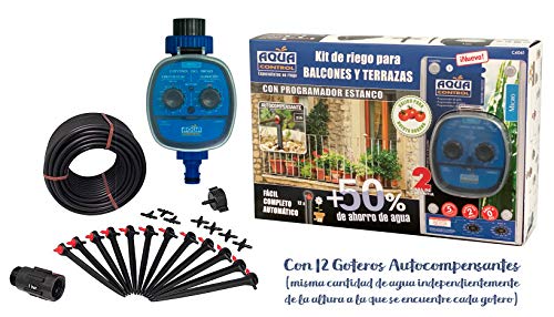 Aqua Control C4061 - Kit de riego para balcones con programador C4099N. Incluye 12 goteros autocompensantes de 4 l/h. con estaca +  25 m. de microtubo de 4 mm.