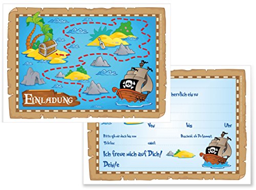 12 Einladungskarten zum Kindergeburtstag „Piratenparty“ Geburtstagseinladungen Jungen Mädchen Kinder Einladungen Schatzkarte Schatzinsel Schatzsuche Piratenschiff Pirat Geburtstag Abenteuer Karten Set - 7