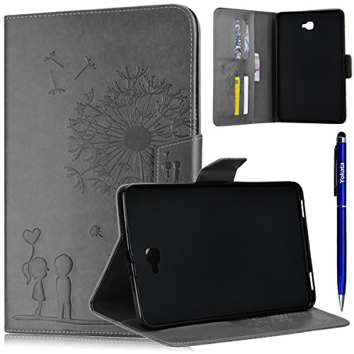 Samsung Galaxy Tab A (2016) 10.1 T580N / T585N Hülle, Yokata Cover Flip PU Lederhülle Geprägt Löwenzahn Motiv Bookstyle mit Eingebautem Magnet Magnetverschluss Handyhülle Sehr Dünn Standfunction Case Backcover Tasche Karten Slot Schutzhülle Etui Brieftasche Cover + 1x Kapazitive Feder - Grau