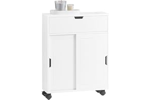 ‎SOBUY SoBuy BZR31-W Nischenregal Badezimmerschrank Badschrank Badrollwagen mit 2 Schiebetüren und 1 Klappe Kommode fürs Bad Badezimmerregal Badmöbel Weiß BHT ca. 52x68x17cm