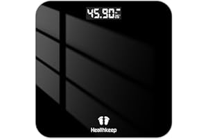 Healthkeep Personenwaage, Körperwaage mit Hochpräzisions-Sensoren, Personen Digitalwaage mit Step-On-Technik, Gewichtswaage aus Sicherheitsglas, Schwarz