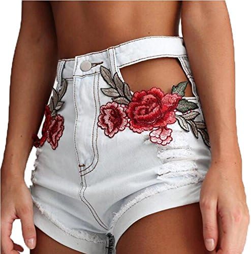 Cystyle Women Vintage Floral Embroidery High Waist Cut Out Distressed Denim Shorts, Weisse, EU L=ASIA XL