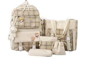 Mogame 5pcs Set Kawaii Plaid Backpack Combo Kit with Pin and Bear Pendant, Cute Children's Backpacks School Bag Handbag Tote Bag Backpack, Back to School Supplies