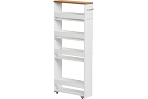 ‎FETINES FetiNes Rollwagen 5 Ebenen, Küchenwagen schmal, Nischenregal auf Rollen, Stahl, Griff, für kleine Räume, 40 x 14 x 100 cm, Küche, Bad, Wohnzimmer, Arbeitszimmer, Eichenfarben + Weiß