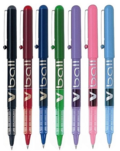 Lot de 7 stylos à bille Pilot V Ball - Pointe fine en métal de 0,5 mm - Largeur d'écriture de 0,3 mm - Encre liquide (noir, rouge, bleu, vert, violet, rose et bleu clair) - BL-VB5