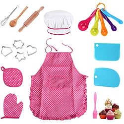 Anpole 25Pcs Enfants Chef Set, Kids Kitchen Cadeau Kit Enfants Cuisiner Jouer Cuisine Tabliers Imperméables, Gant de Four, Batteur à Oeufs, Emporte Pièce pour Cadeau de Fille (rose-25pcs)