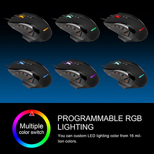 TeckNet HyperTrak - Raton gaming  16400 DPI  cableado con Avago ADNS-9800 Sensor  10 botones programables y ajuste RGB  Cartucho de ajuste de peso