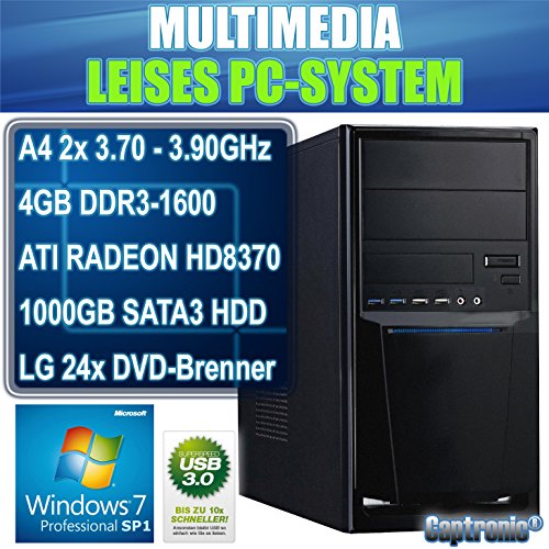 Captronic® (A4-6300-4GB-HD8370D-1TB-Win7Pro) Windows 7 Professional 64bit | DualCore Silent PC Front USB 3.0 AMD A4-6300 2x 3,70GHz (Turbo bis 3900MHz) | KINGSTON 4GB DDR3-1600 | 24x DVD-Brenner | 1000GB HDD SATA3 | ATI Radeon HD 8370 2GB HDMI/DVI/VGA | CardReader | 7.1 Sound | GigabitLAN | Design Gehäuse Schwarz - 2
