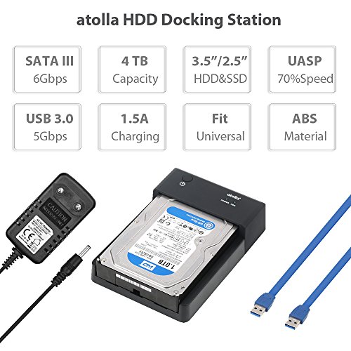 Atolla USB 3.0 Externe HDD Dockingstation für 2.5 zoll 3.5 zoll SATA HDD SSD Festplatte mit 2 Data Charging USB Ports mit 12V/2A Netzteil Unterstützen UASP and Drives 4TB(schwarz) - 5
