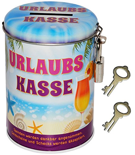 Spardose - " Urlaubs Kasse " - mit 2 Schlüssel und Schloss - stabile Sparbüchse aus Metall - Geld Sparschwein / Blechdose - Blechspardose - für Kinder & Erwachsene / Urlaubsgeld - Spendenkasse & Sammelbüchse - Klingelkasse - lustig witzig - Kinderspardose - Reisekasse Urlaub Reisen - Geldgeschenk - Mädchen Jungen - Urlaubskasse - Holiday - Reise / Sommerurlaub Strand - Hochzeit