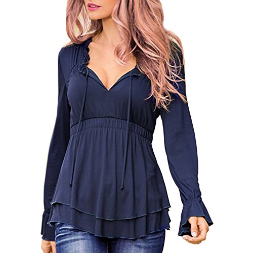 SUNNOW Damen Langarmshirt New Mode Herbst V-Ausschnitt Einfarbig T-Shirt Oberteile Casual Borte Blouson Tops