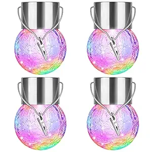 Solar String Lights Outdoor 4 Pcs 7-Color Changing Hanging Cracked Glass Jar Solar Street Light Waterproof Glass Lantern Lamps for Home Decoration LED Lights for Garden Patio Yard Parties Wedding