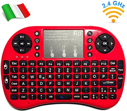 Rii Mini i8+ - Mini teclado inalámbrico (disposición de teclas italiana), retroiluminado, con panel táctil para smart TV, mini PC, HTPC, consola y ordenador. i8+ Wireless (ROSSO)