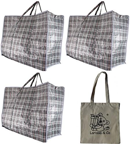 3 (Three) x Medium Size Laundry/Storage/Moving House Zip Top Bag Checked Design and an Exclusive Larissa & Co Cotton Tote/Storage Bag