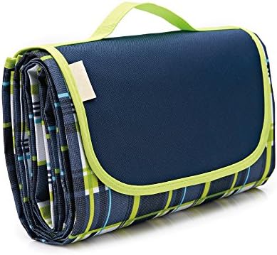 Portable Large Picnic Beach Mat, Waterproof Foldable Oxford Outdoor Blanket with Carrying Bag (57"x78") (Blue Plaid)