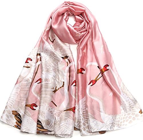 Sleep Koala Silk Scarf Large Satin Shawl Fashion Pattern Wrap Luxurious Neckerchief Lightweight Head Scarves for Women Cranes Pink