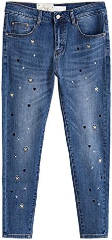 JeansForest Ladies High-Stretch Cropped Skinny Jeans Pants With Emoji Face Embroidered