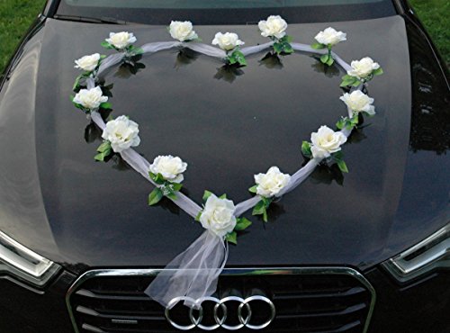 ORGANZA HERZ Auto Schmuck Braut Paar Rose Deko Dekoration Autoschmuck Hochzeit Car Auto Wedding Deko Girlande PKW (Ecru / Weiß) - 4