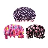 G2PLUS 3 Stück Duschhaube, Elastisch Wasserdichte Bedruckte Badekappe mit 3 Muster (Schwarz)