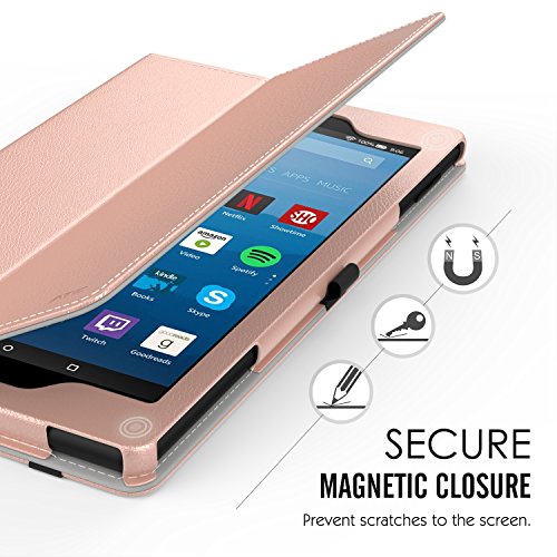 MoKo Hülle für All-New Amazon Fire HD 8 Tablet (7th Generation – 2017 Modell) – Kunstleder Ständer Schutzhülle Smart Cover mit Stift-Schleife für das neue Fire HD 8, Rose Gold - 8