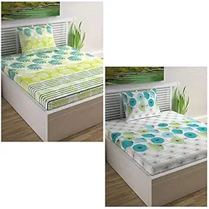 Divine Casa 100% Cotton 144 TC Floral Set of 2 Single Bedsheet with 2 Pillow Covers - Green and Turquoise Blue