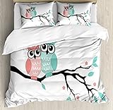 Ambesonne Teal and White Duvet Cover Set King Size, Cute Owl Couple Sitting on Tree Branch Valentines Romance Love, Decorative 3 Piece Bedding Set with 2 Pillow Shams, Turquoise Coral Black