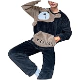 Men's Pyjamas Warm Long Pyjama Set Winter Two-Piece Men's Fleece Pyjamas Long Sleeve Shirt and Pyjama Bottoms Two Piece Set Long Sleeve Sleepwear with Pocket Sleepwear Leisure Suit