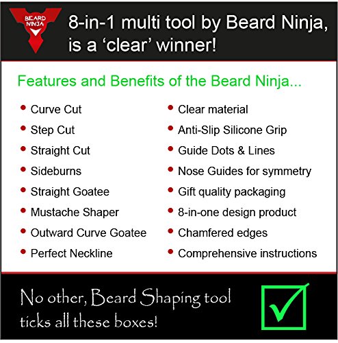 Der BEARD NINJA – Bart Schablone | Bart Gestaltung Werkzeug | Styling Vorlage. Bartformer stylen schablone für perfekte symmetrie. Trimmed und stylen symetrischer Bartform. TRANSPARENTE Styler + ANTI-RUTSCH GRIFF. Kurven-/Stufen-/gerader Schnitt, Spitzbart und perfekte Nackenlinie - 6
