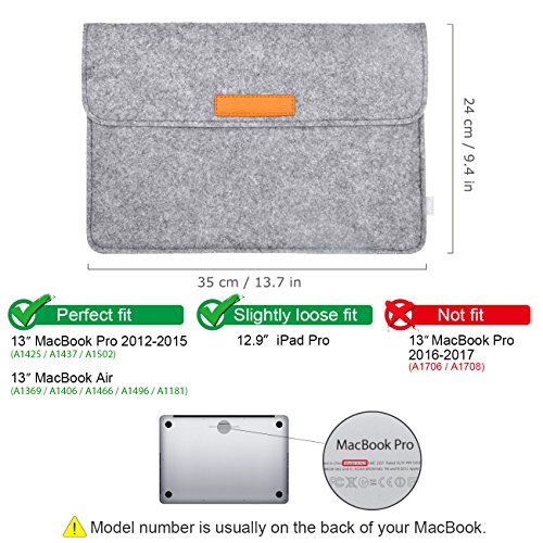 Inateck 13 3 Zoll Macbook Air Pro Retina 12 9 Zoll iPad Pro Filz Sleeve H  lle Ultrabook Laptop Tasche Farbe  Grau