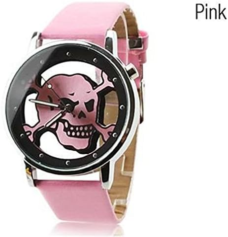 Unisex Quartz Analog Hollow Skull Style Dial PU Band Wrist Watch (Assorted Colors) ( Color : Pink )