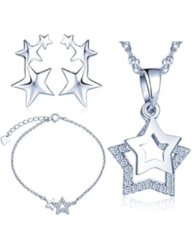 Yumilok 925 Sterling Silber Zirkonia Sterne Halskette Charm-Armband Ohrstecker Schmuck Set Armkette Ohrringe Kette...