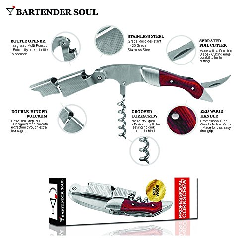 Professioneller Korkenzieher (Pakkaholz), Doppelhebel mit Dämpfung, Ausgezeichneter Wein Flaschenöffner, Auswahl an Sommeliers und Kellner, mit Folienschneider, Edelstahl aus harter 420 Grad für Bierflaschen - 3