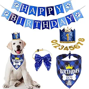 Dog Birthday Hat Bandana - Dog Birthday Party Supplies Birthday Dog Hat with Numbers Dog Scarf Bow and Happy Birthday Banner Set