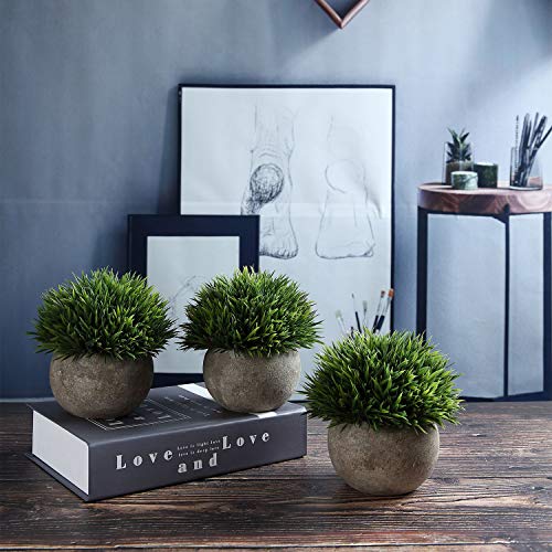 T4U Künstliche Grün Gras Bonsai Kunstpflanze mit grauen Topf, für Hochzeit/Büro/Zuhause Dekoration – 3er Set - 3