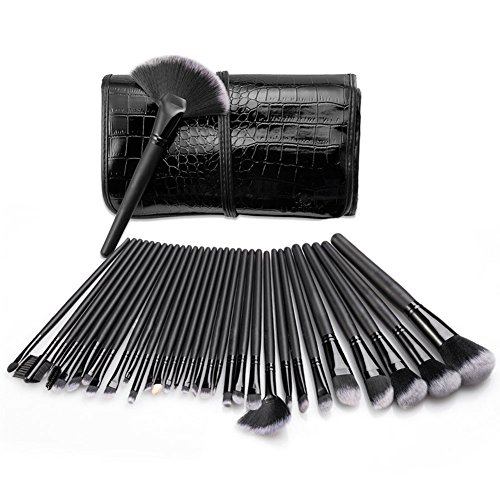 CDC® 32 PCS Professional Cosmetic Facial Kit Makeup Brushes - Makeup Brushing Tools Brush Set - Premium Make Up Brush Set - Kabuki Foundation Blusher Powder Foundation Eye shadow Eyeliner Lip Brush - Make Up Brush Kits with Black Leather Case