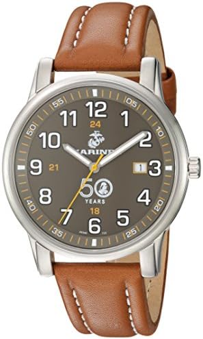 USMC Wrist Armor Men's 'Franklin Mint' Swiss Quartz Stainless Steel and Leather Casual Watch, Color:Brown (Model: 37FM0100201A)